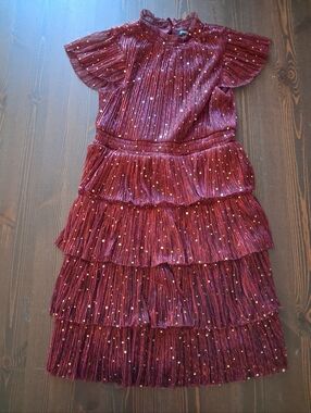Zunie Crinkled Wine-Red Dress With Gold Polka Dot Accent